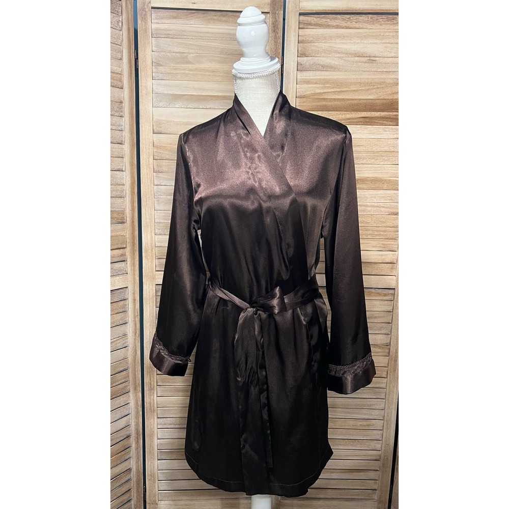 Morgan Taylor Intimates Satin Robe | Sheer Cuff Accents |‎  sz MED